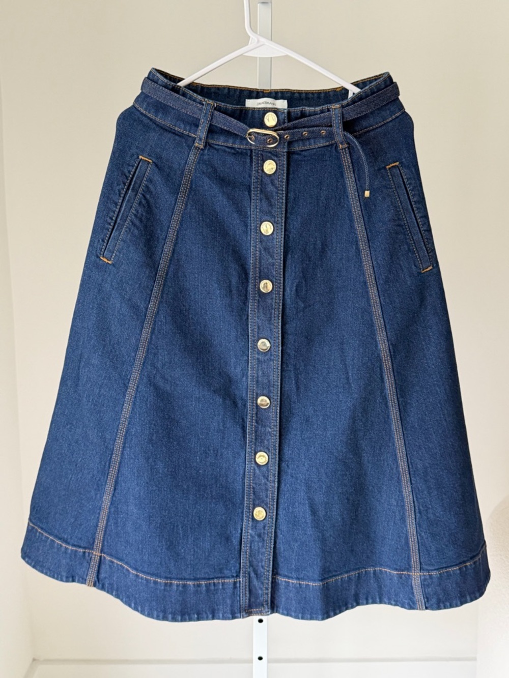 Zimmermann Dark Blue Denim A-Line Midi Skirt with Belt - Picture 4 of 10
